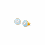 Tiny Jewels pair of gold earrings with blue circular stones on a white background