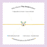 Tiny Jewels branding and product information for Tiny Jewels Kadas on a white background with gold bracelet illustration.