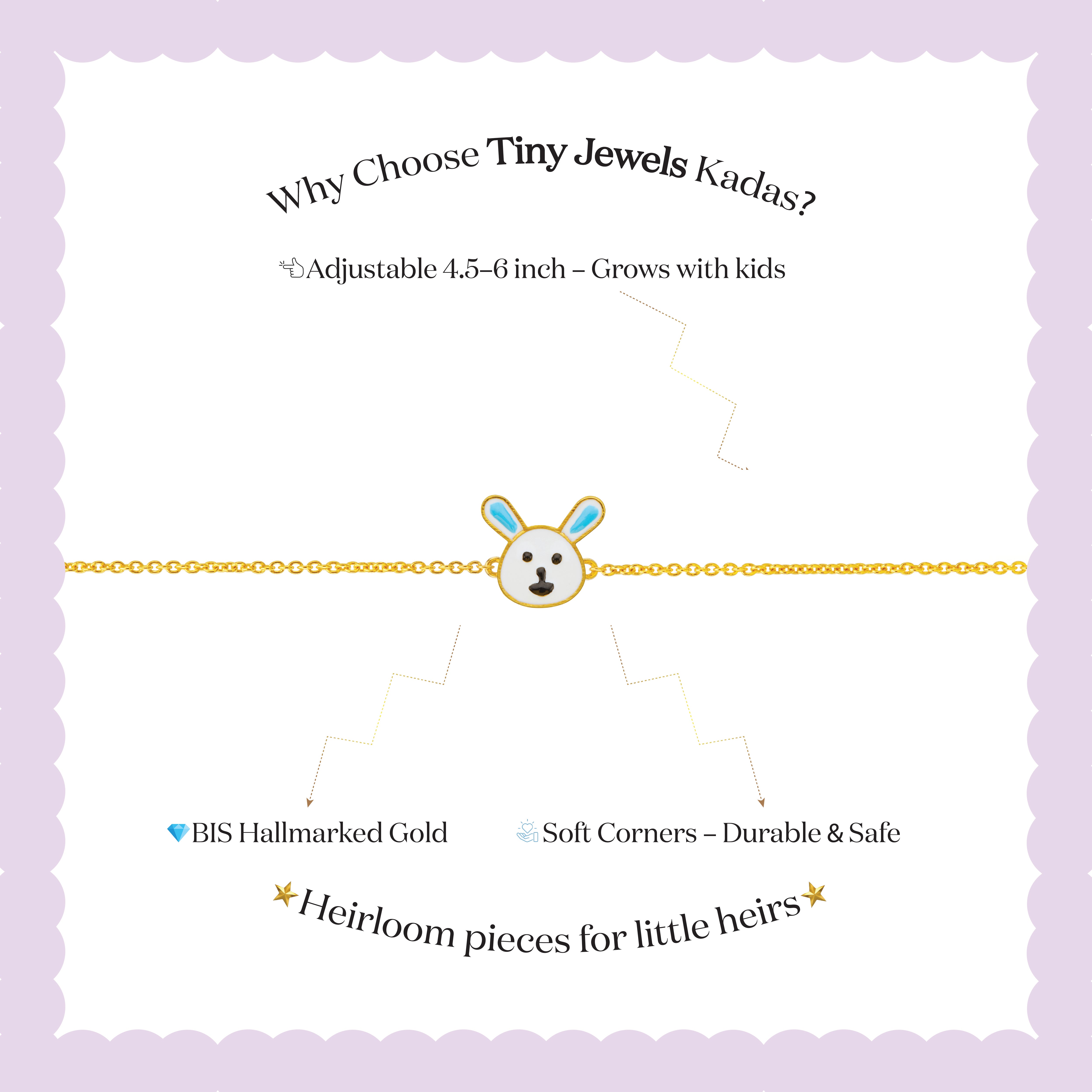Tiny Jewels branding and product information for Tiny Jewels Kadas on a white background with gold bracelet illustration.