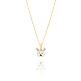 Tiny Jewels gold pendant shaped like a rabbit face with blue ears on a white background