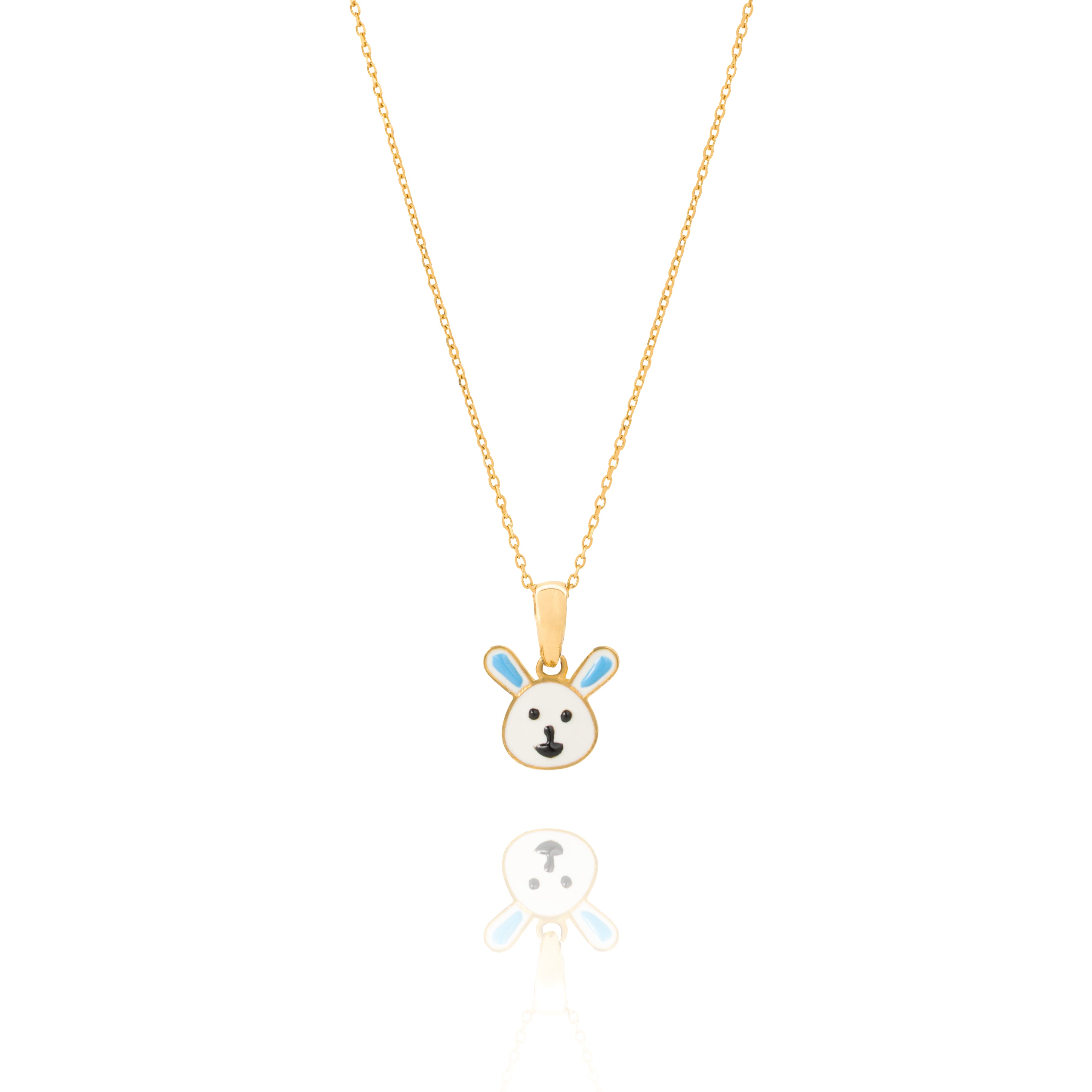 Tiny Jewels gold pendant shaped like a rabbit face with blue ears on a white background