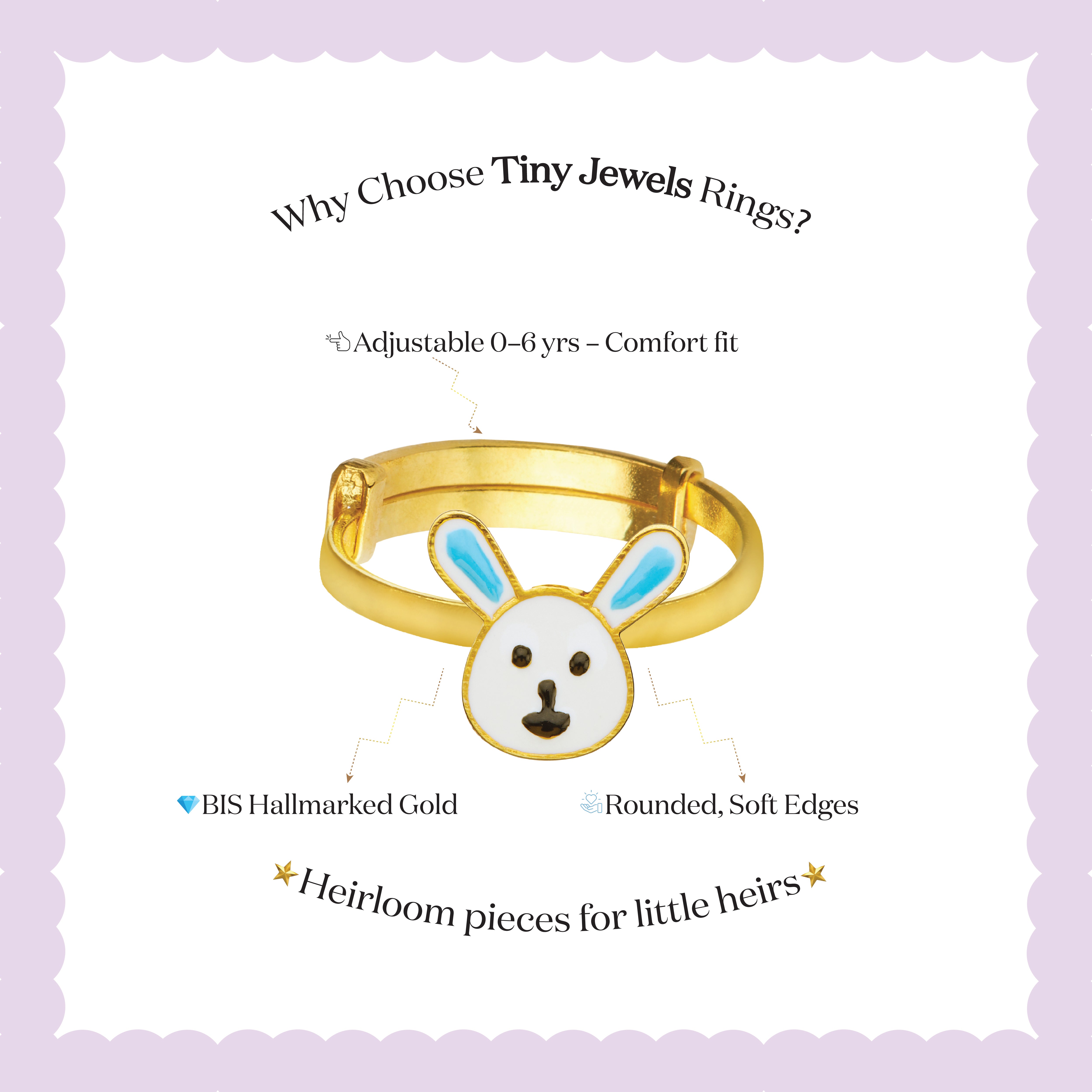 Tiny Jewels gold children's ring with bunny design on a light purple background