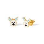 Tiny Jewels pair of gold bunny-shaped earrings on a white background