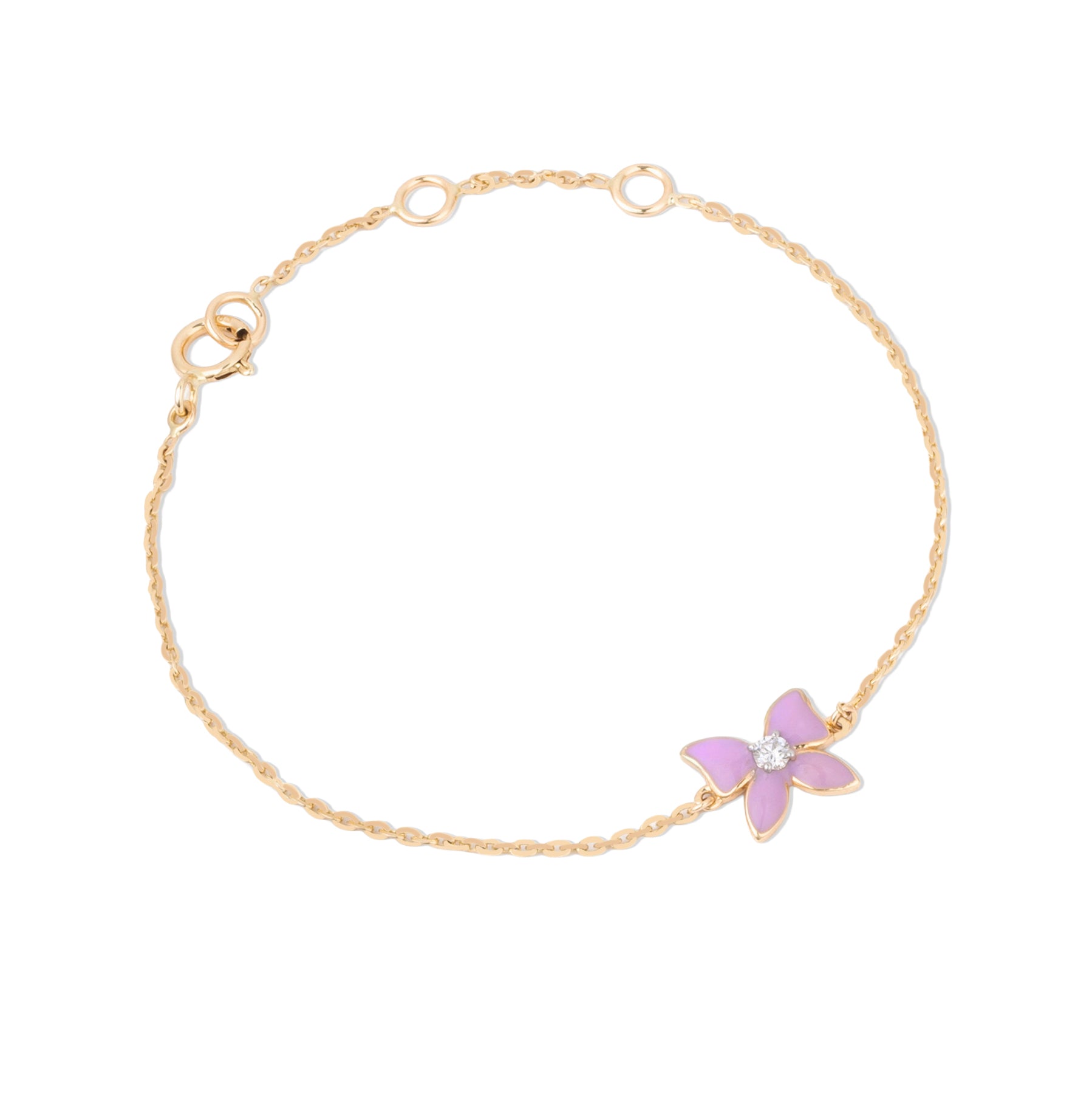 Tiny Jewels gold bracelet with a pink butterfly charm on a white background