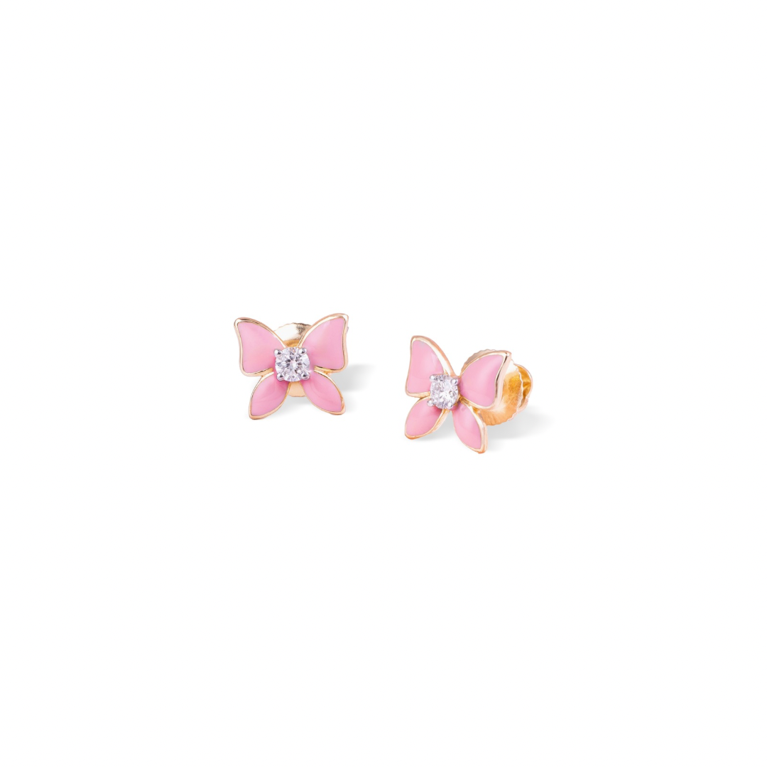Tiny Jewels pink butterfly earrings with gold accents on a white background