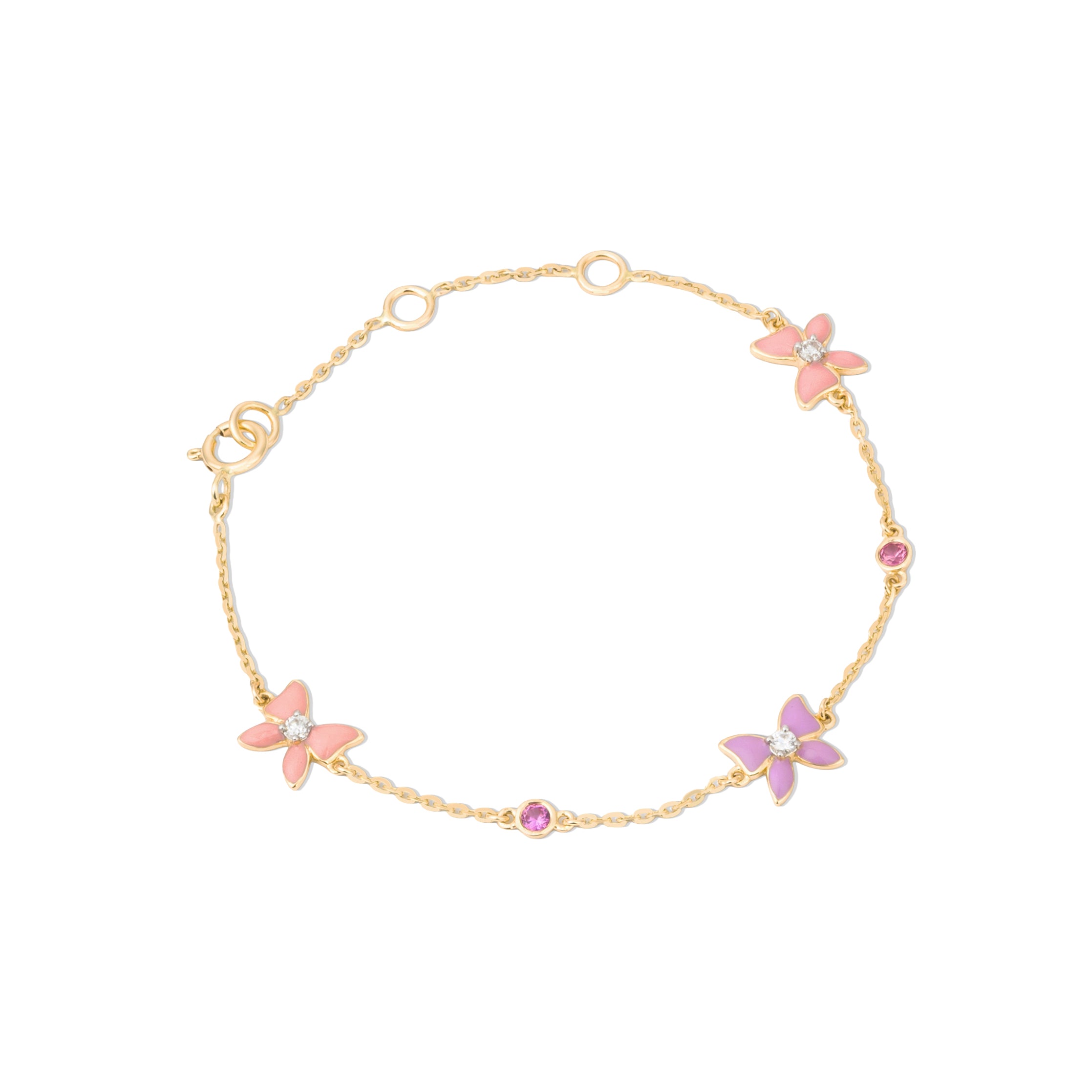 Tiny Jewels gold bracelet with pink butterfly charms on a white background