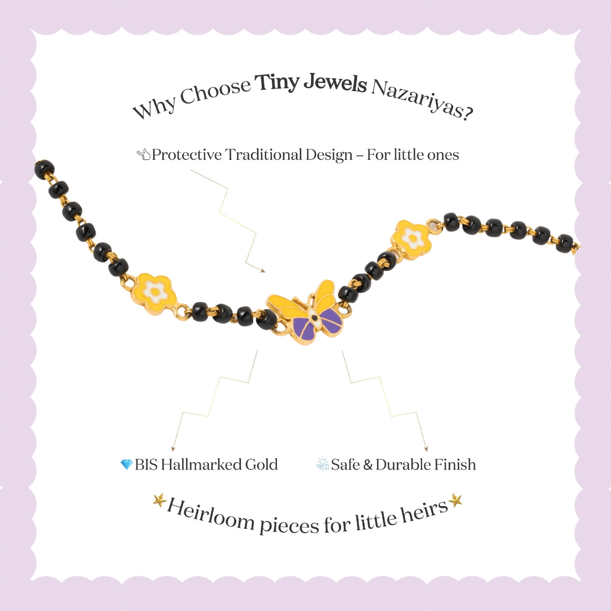 Tiny Jewels children's necklace with gold and black beads on a light purple background