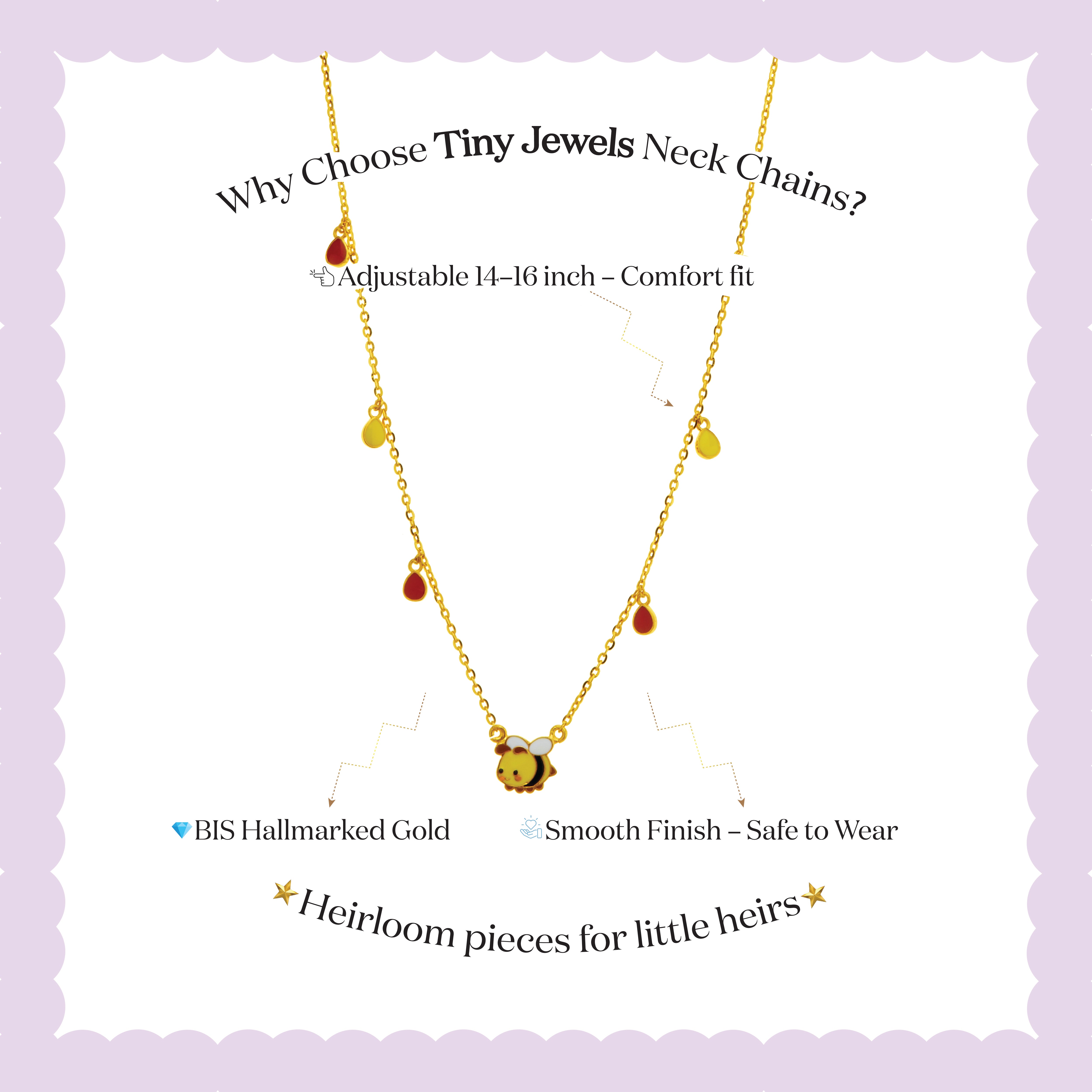 Tiny Jewels gold necklace with small stones on a light purple background, featuring text about the product.