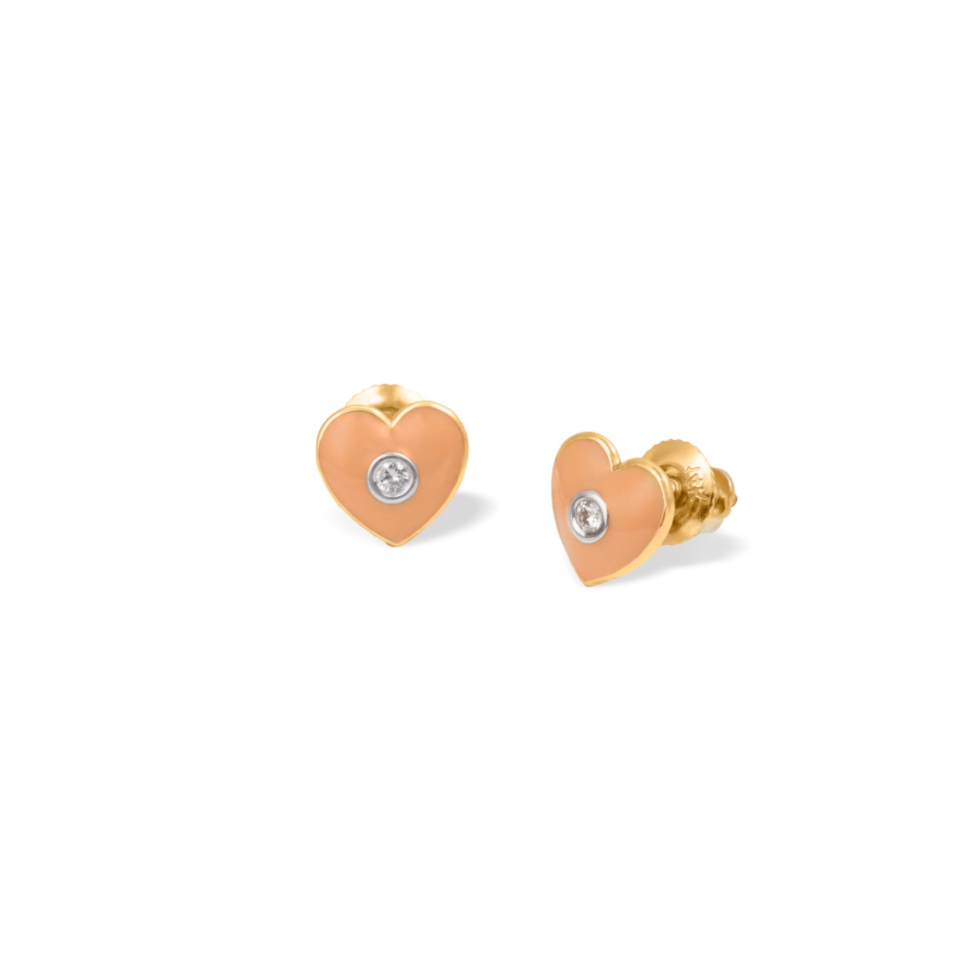 Tiny Jewels heart-shaped gold earrings with embedded stones on a white background