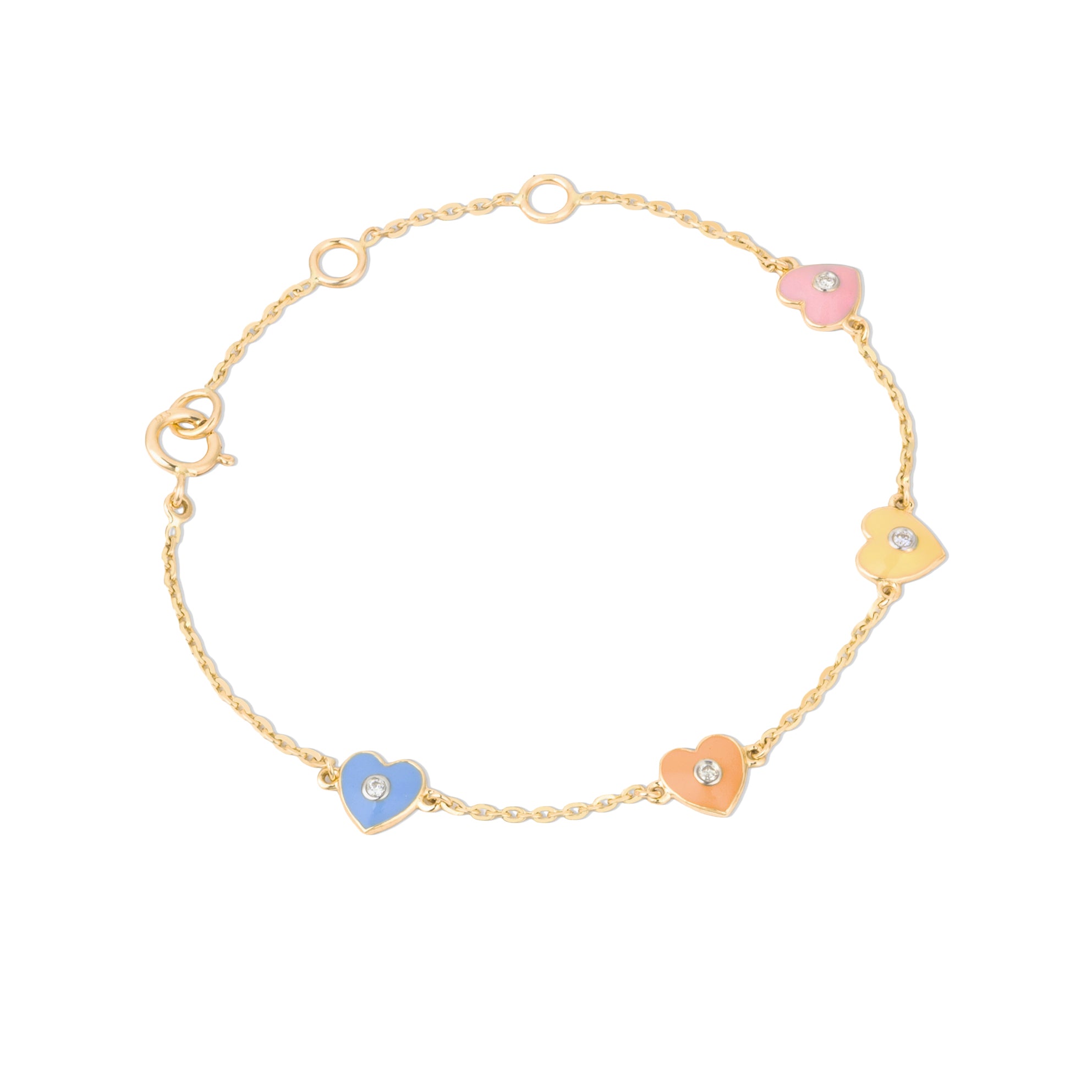Tiny Jewels gold bracelet with colorful heart-shaped charms on a white background