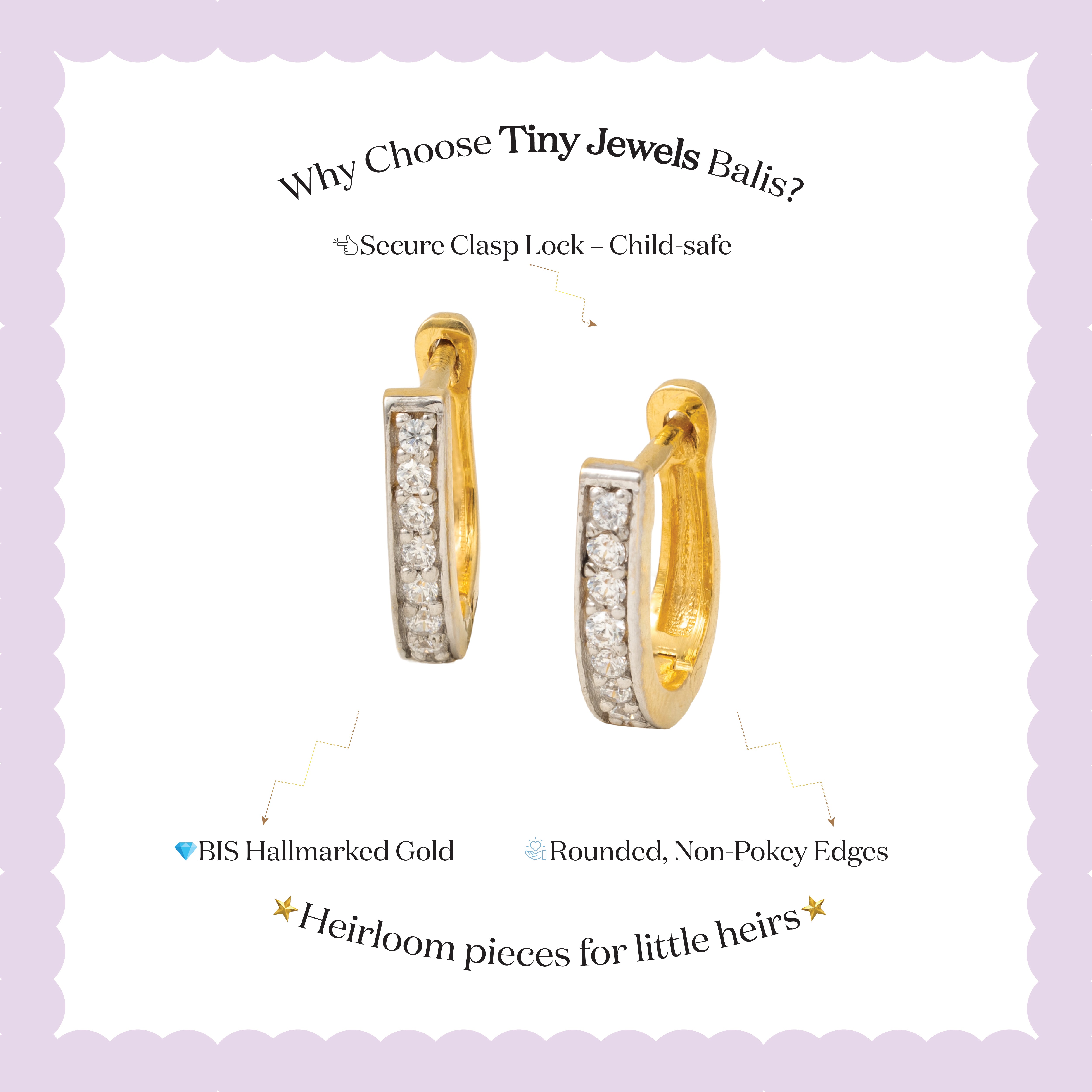 Tiny Jewels gold hoop earrings with clear stones on a white background with text about Tiny Jewels Balis.
