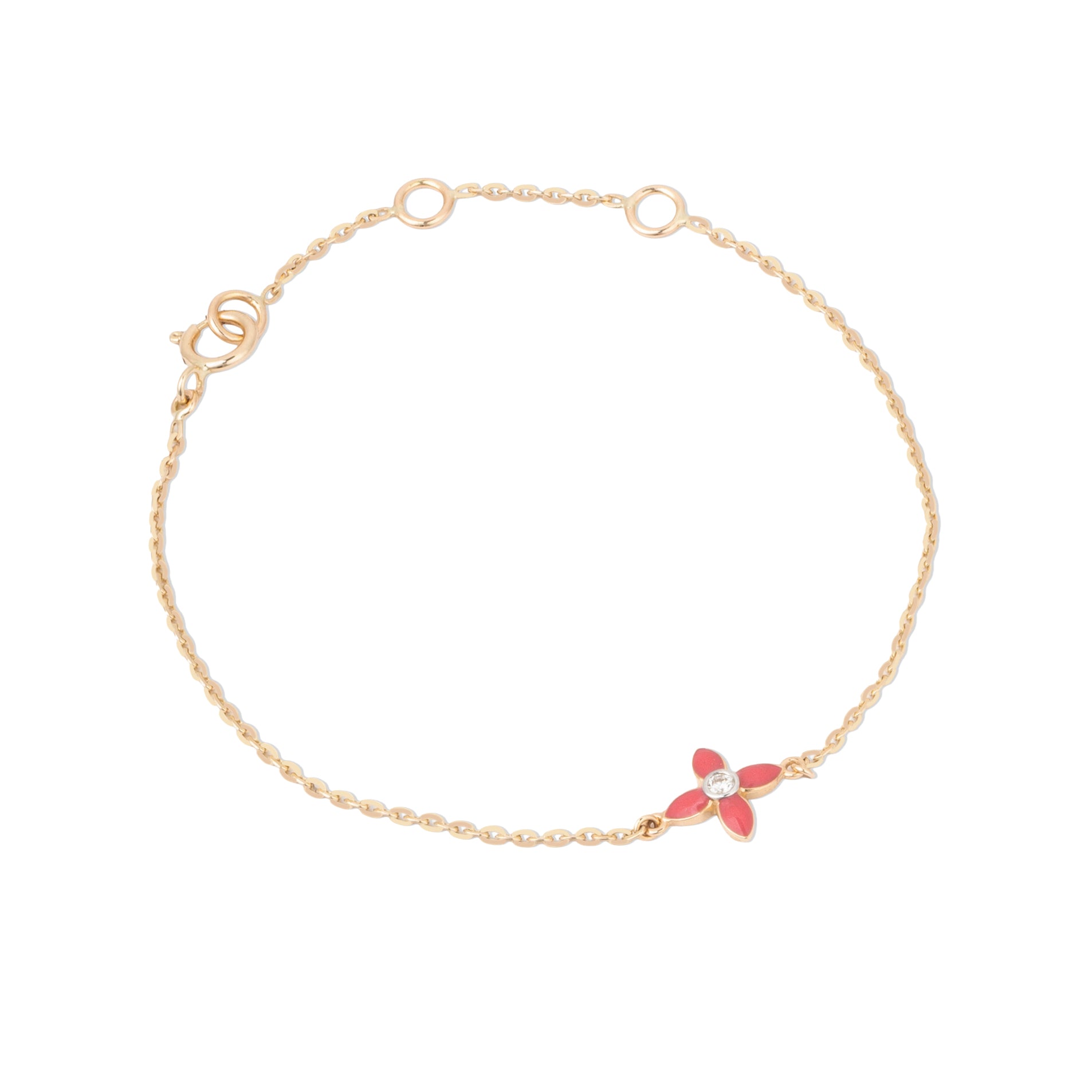Tiny Jewels gold bracelet with a red flower charm on a white background