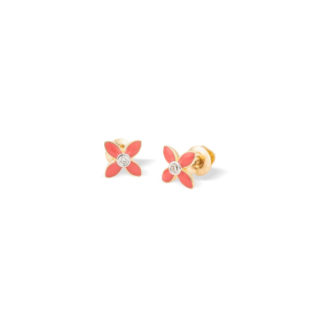 Tiny Jewels flower-shaped earrings with gold and red details on a white background