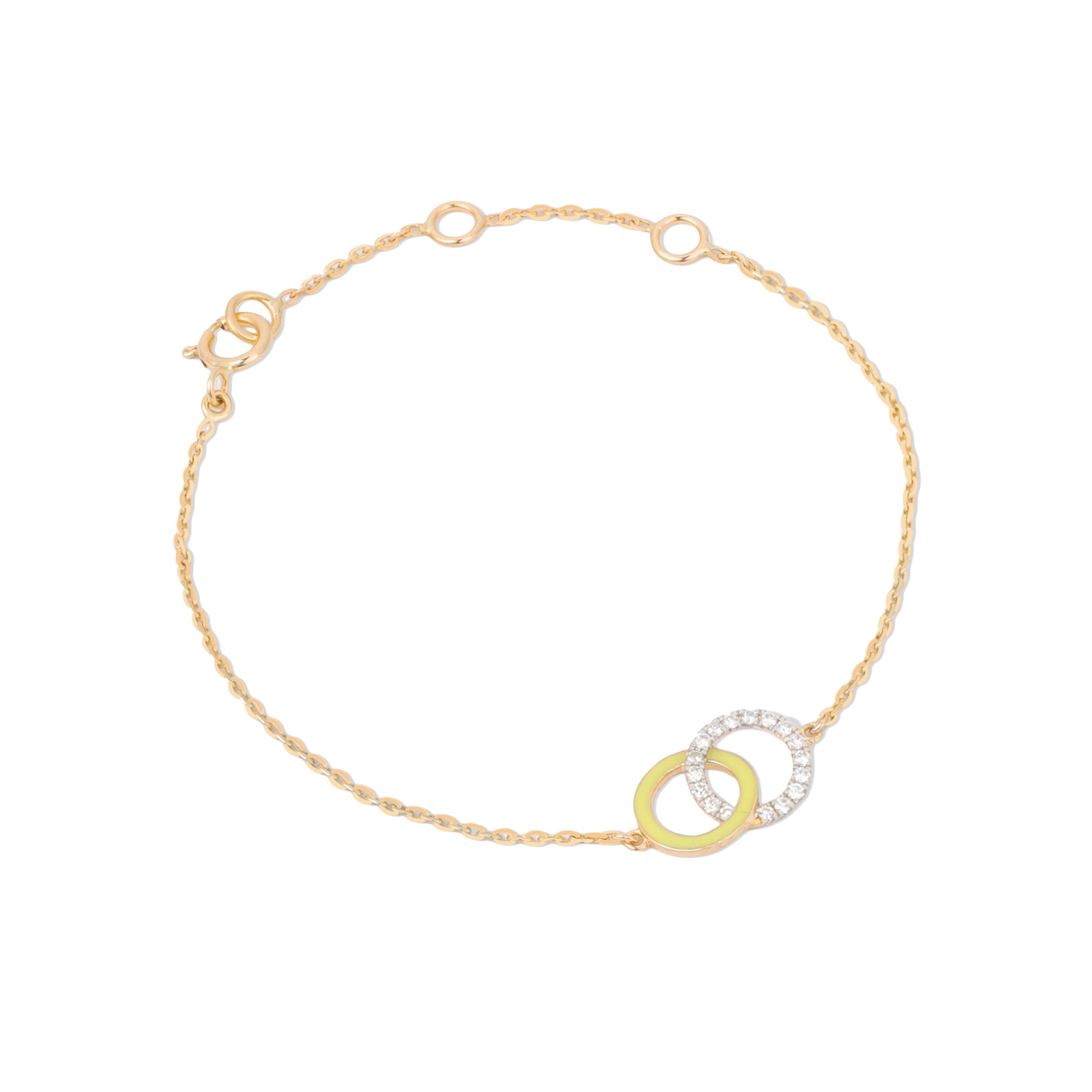 Tiny Jewels gold bracelet with interlocking rings on a white background