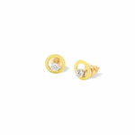Tiny Jewels gold earrings with circular designs on a white background