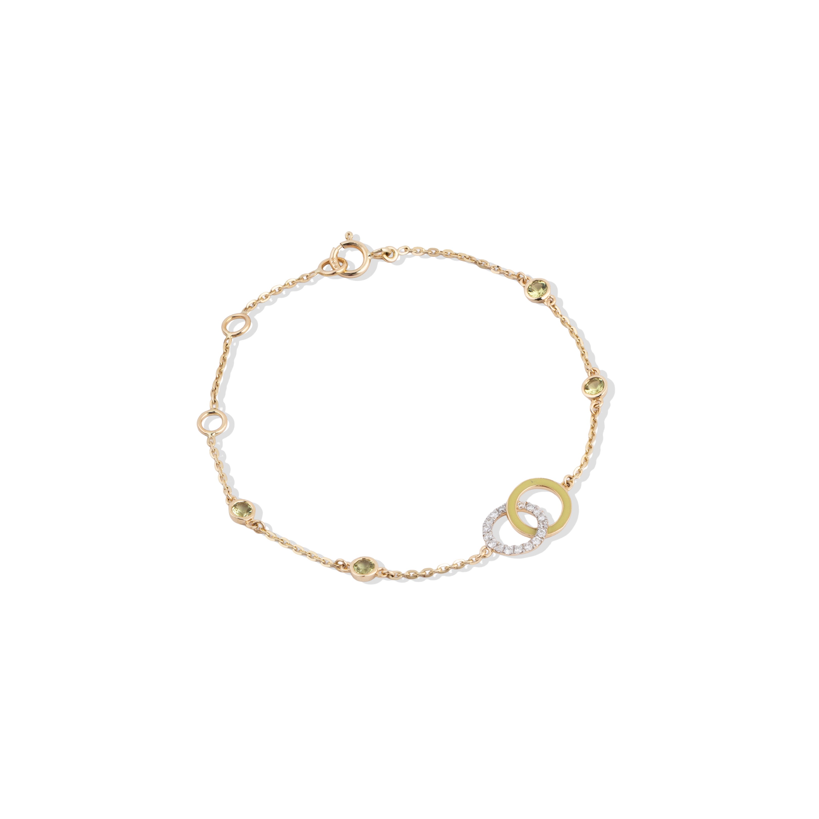 Tiny Jewels gold bracelet with interlocking rings on a white background