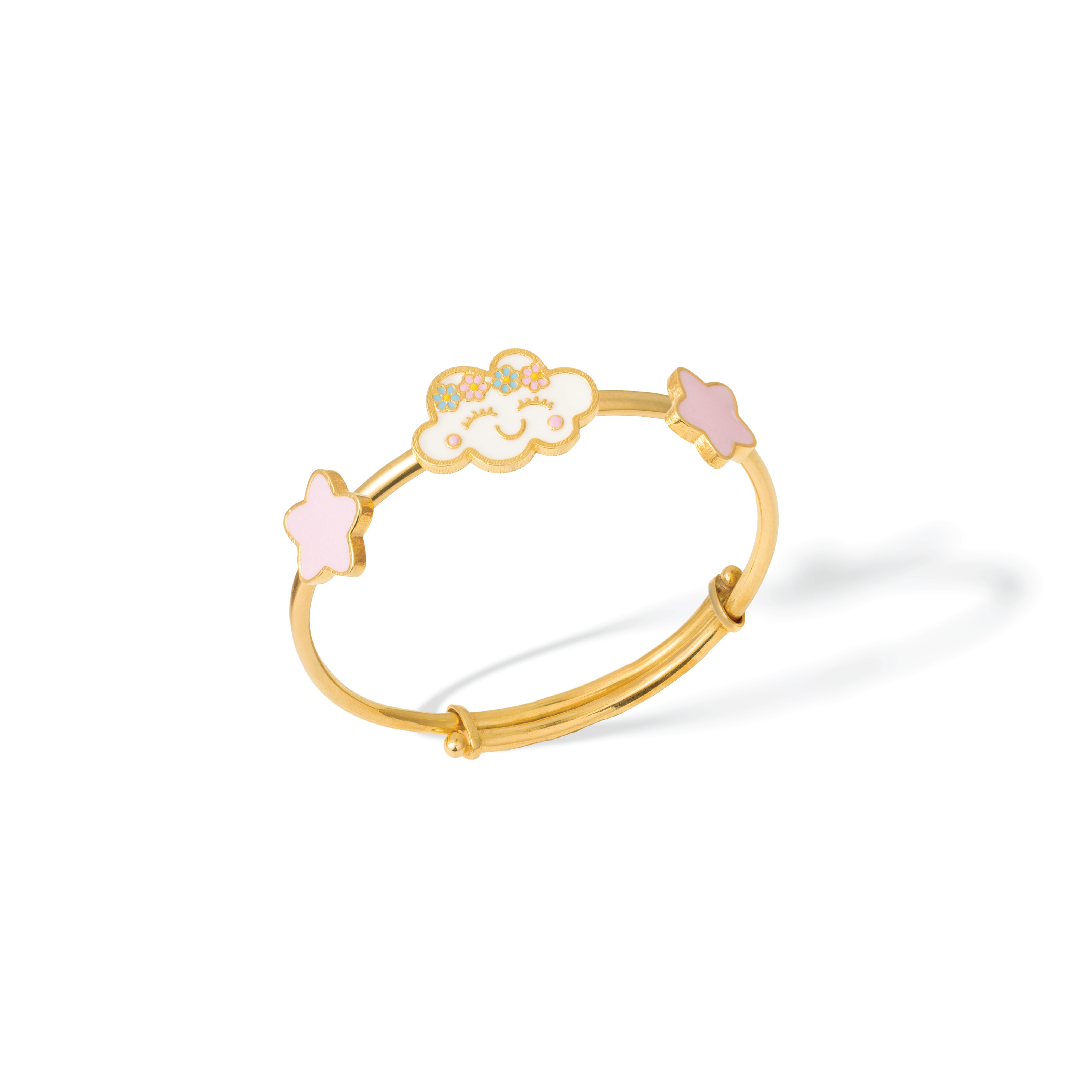 Tiny Jewels gold bracelet with pink and white floral decorations on a white background