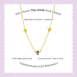 Tiny Jewels gold necklace with small pendant on a light purple background, featuring text about the product.