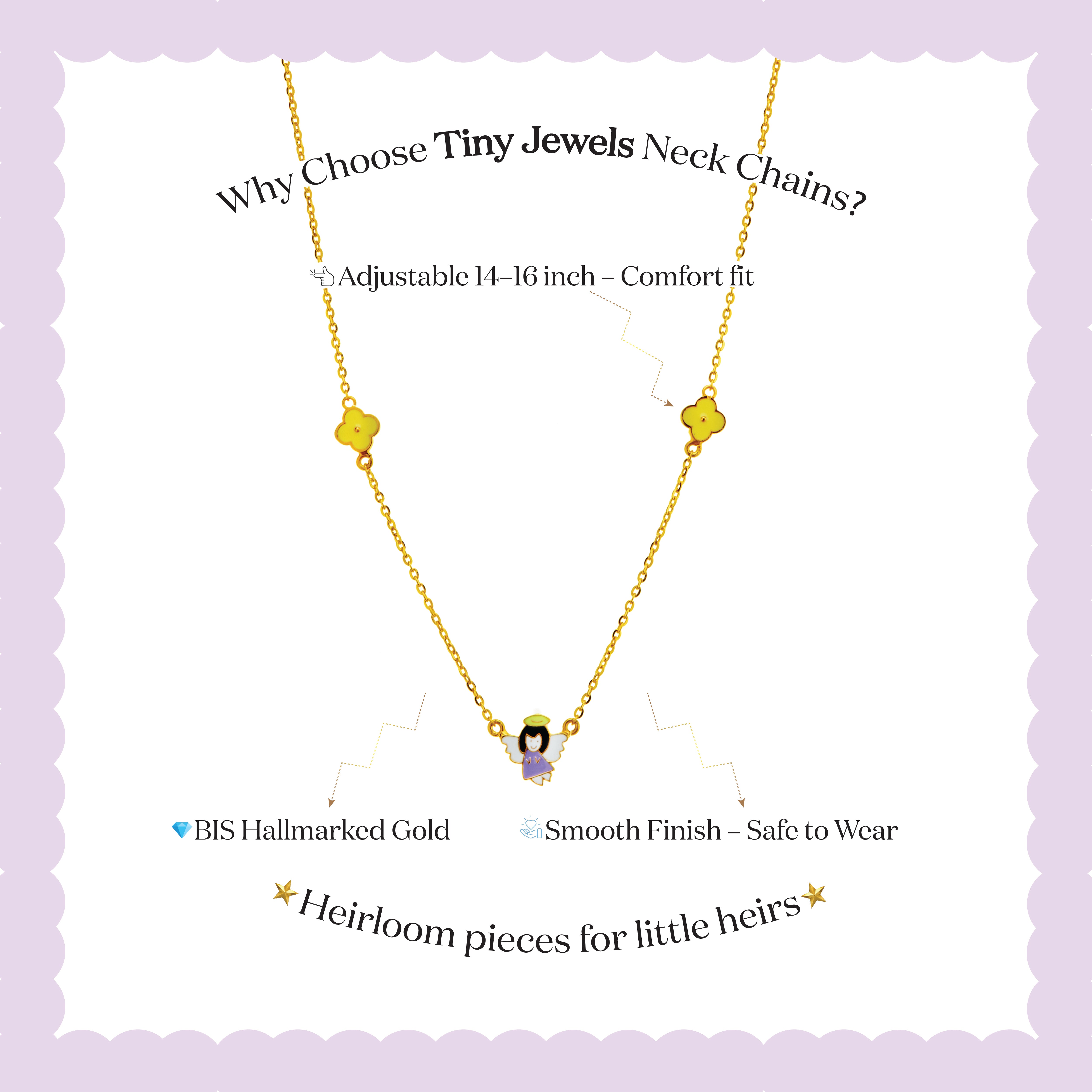 Tiny Jewels gold necklace with small pendant on a light purple background, featuring text about the product.