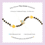Tiny Jewels children's bracelet with gold stars and black beads on a light purple background, featuring text about Tiny Jewels Nazariyas.