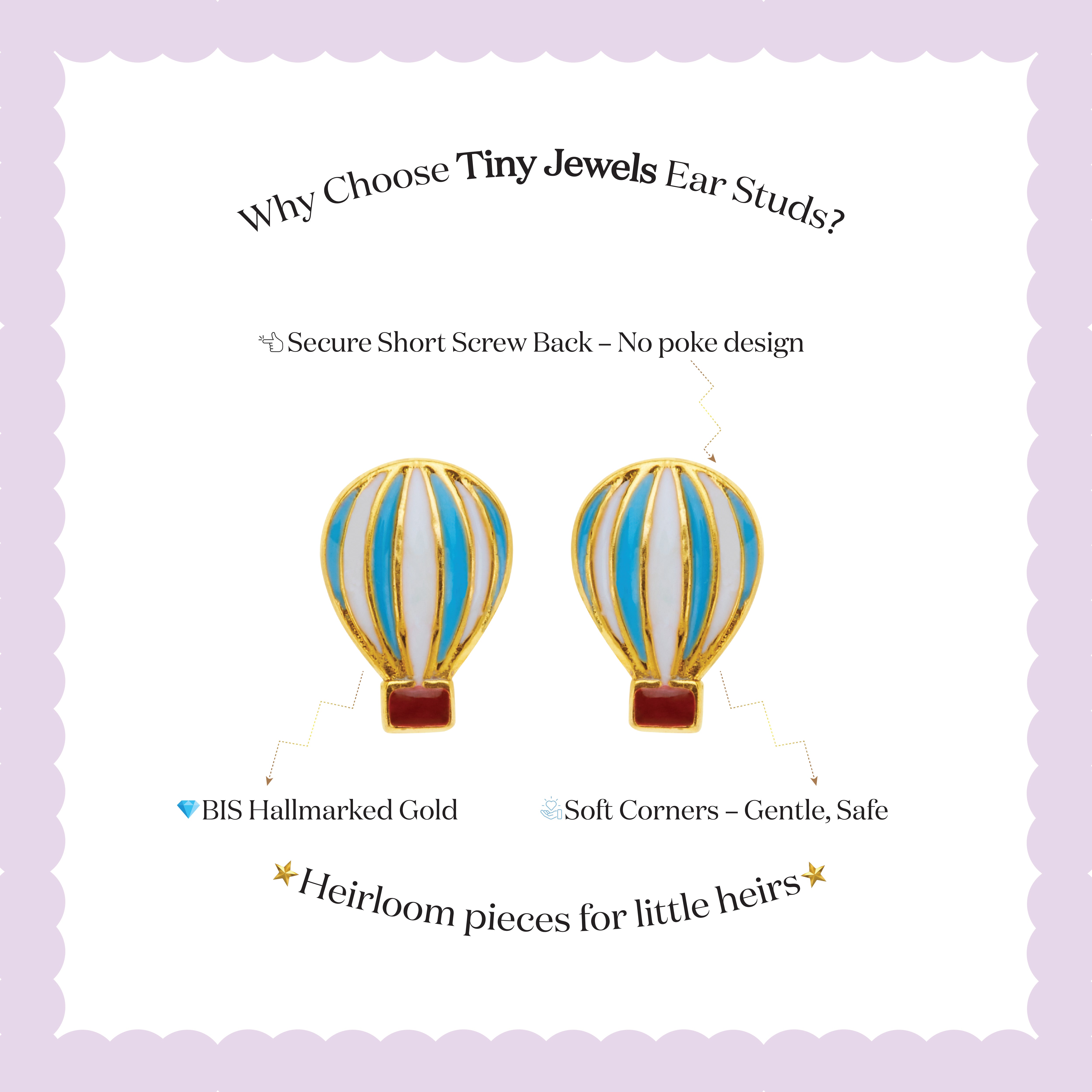 Tiny Jewels hot air balloon-shaped earrings on a light purple background with text about Tiny Jewels ear studs.