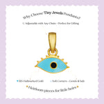 Tiny Jewels Gold and turquoise eye-shaped pendant on a white background with text about Tiny Jewels Pendants.