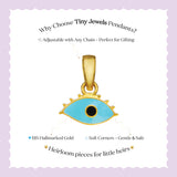 Tiny Jewels Gold and turquoise eye-shaped pendant on a white background with text about Tiny Jewels Pendants.