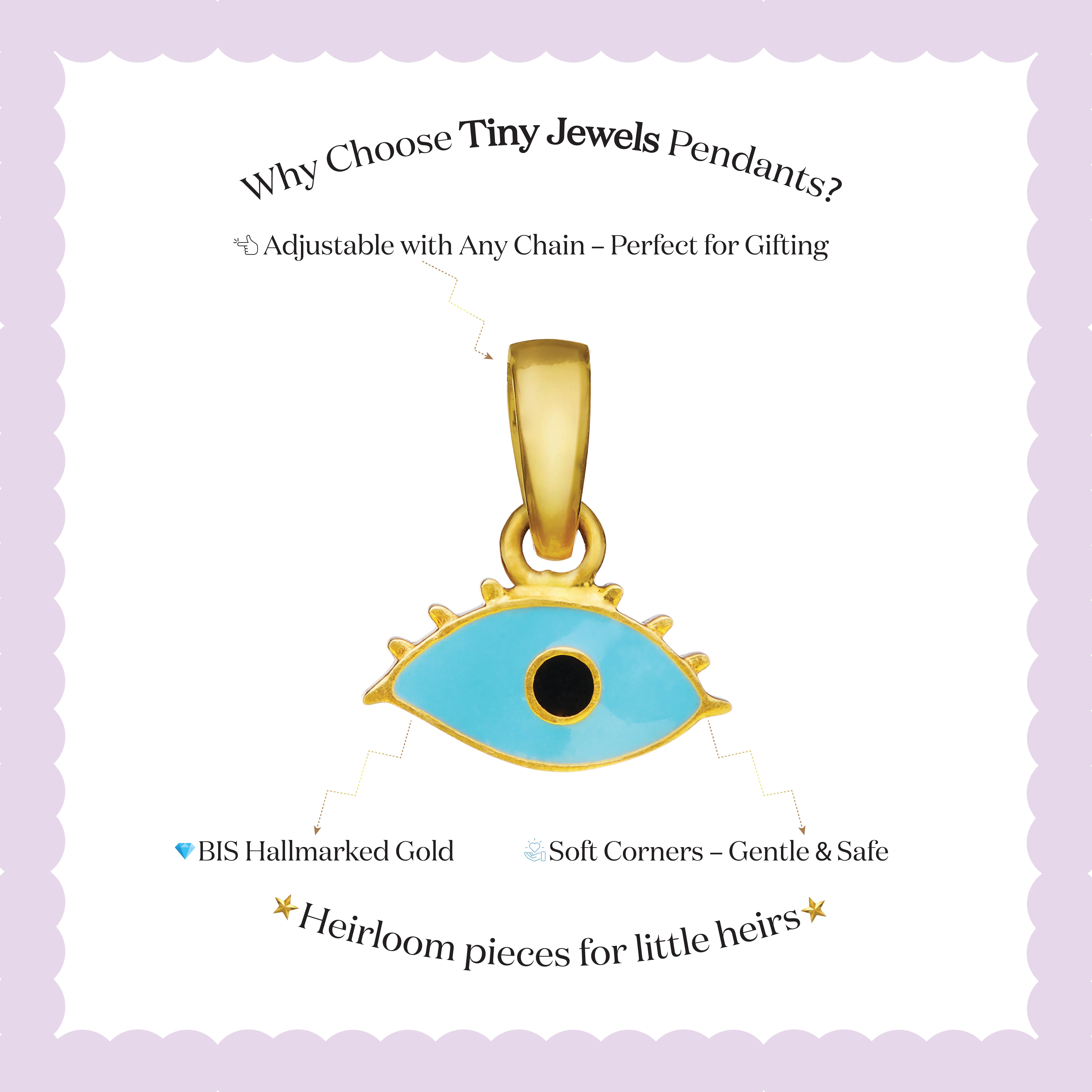 Tiny Jewels Gold and turquoise eye-shaped pendant on a white background with text about Tiny Jewels Pendants.