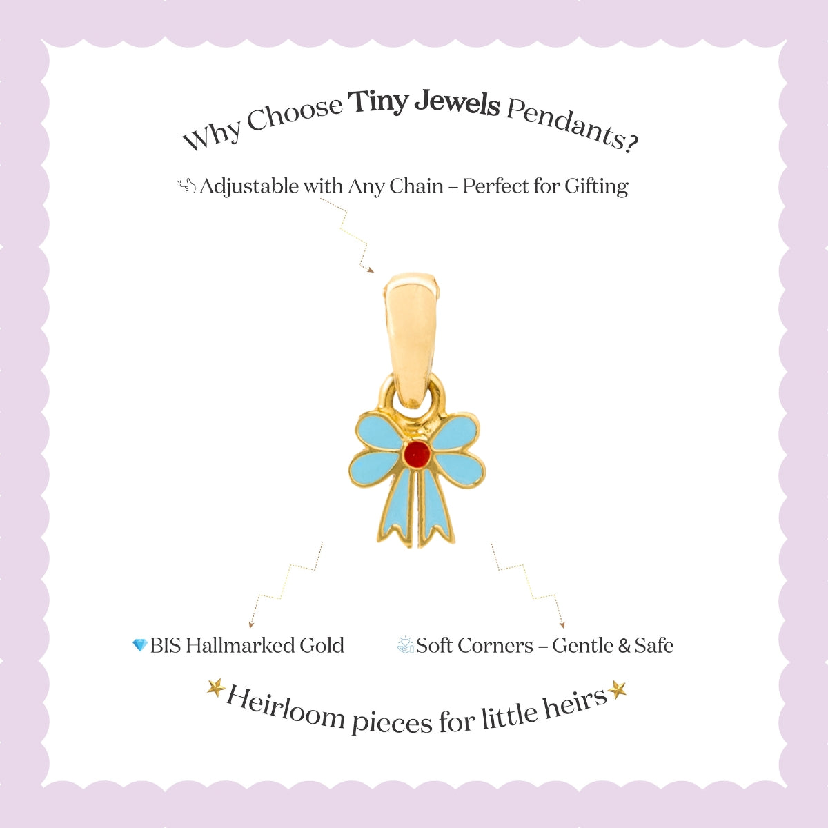 Tiny Jewels gold pendant with blue bow design on a white card with text about Tiny Jewels Pendants.