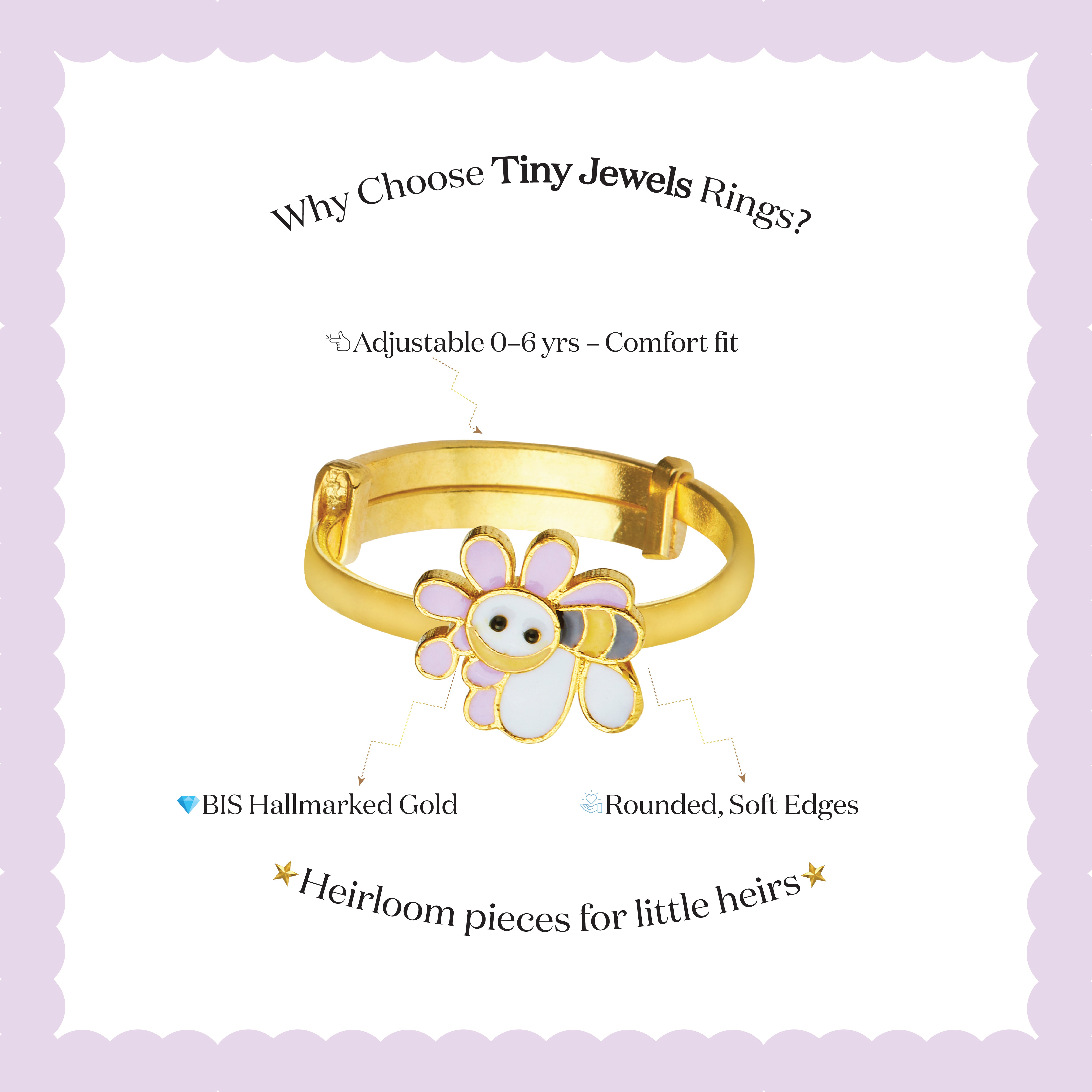 Tiny Jewels gold children's ring with a flower design on a light purple background
