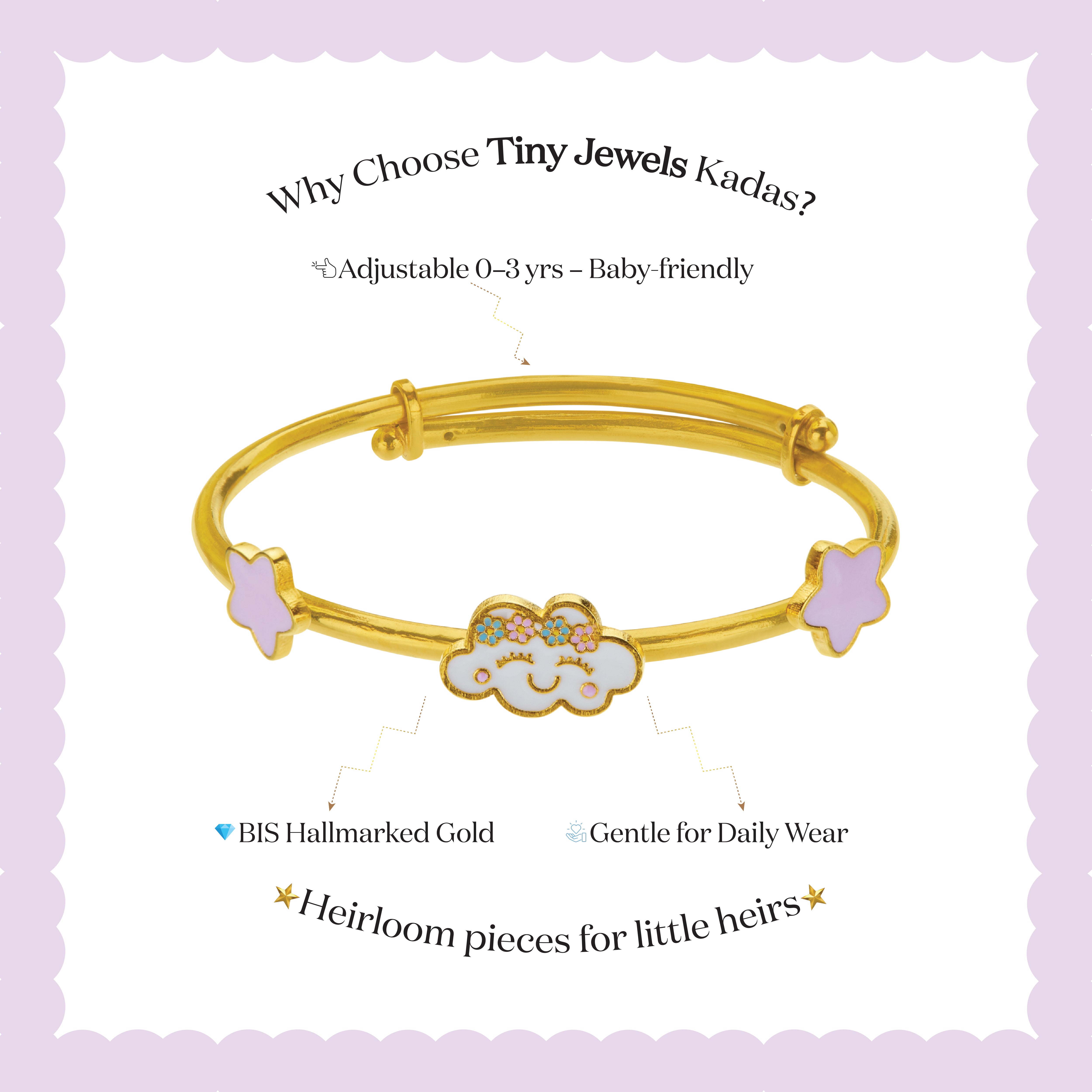 Tiny Jewels gold children's bracelet with cloud design on a light purple background, featuring text about the brand and product features.