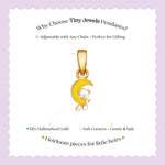 Tiny Jewels Gold pendant with moon and bear design on a purple background with text about Tiny Jewels Pendants.