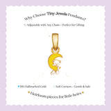 Tiny Jewels Gold pendant with moon and bear design on a purple background with text about Tiny Jewels Pendants.