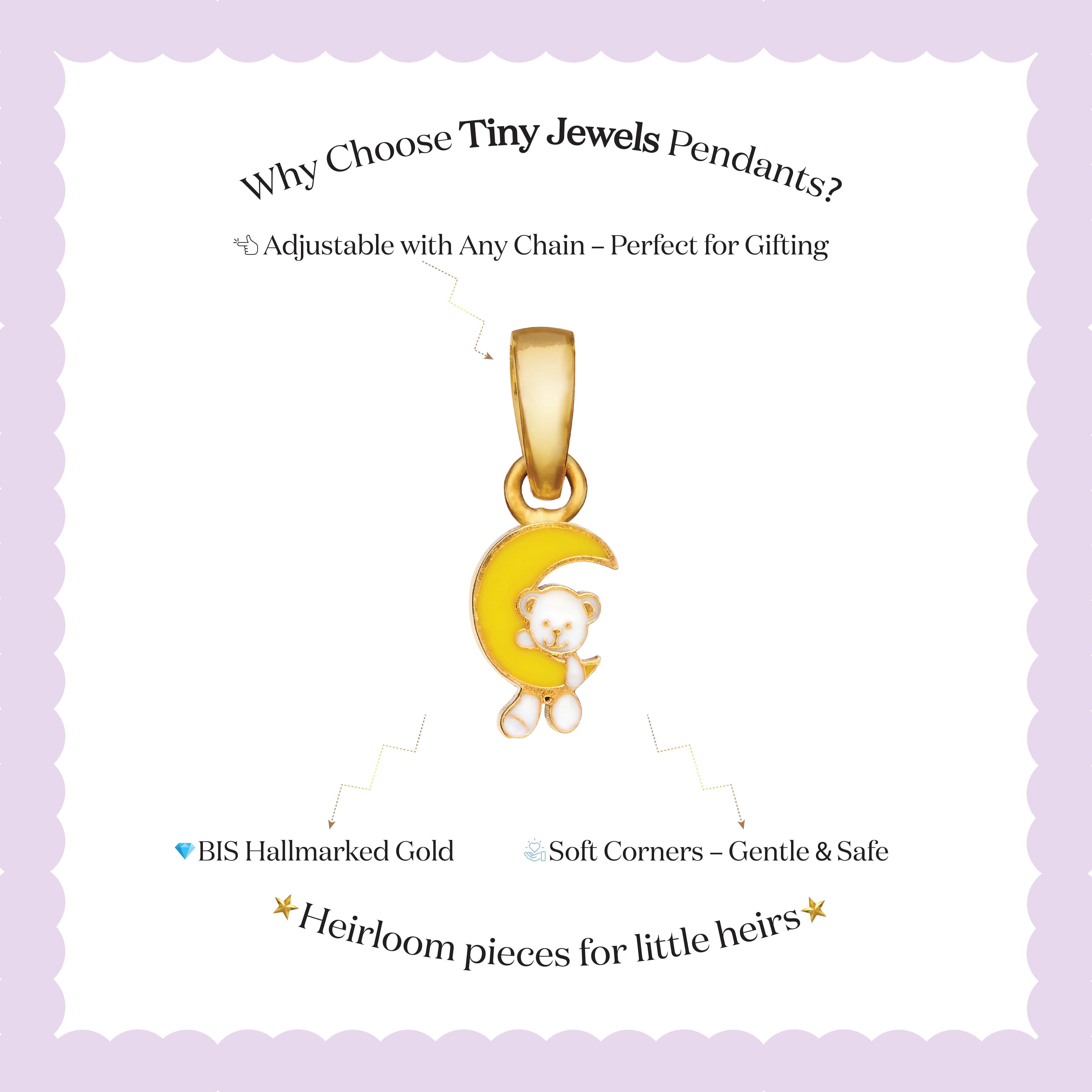 Tiny Jewels Gold pendant with moon and bear design on a purple background with text about Tiny Jewels Pendants.