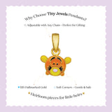 Tiny Jewels gold pendant with cartoon character on a white background with text about Tiny Jewels Pendants.