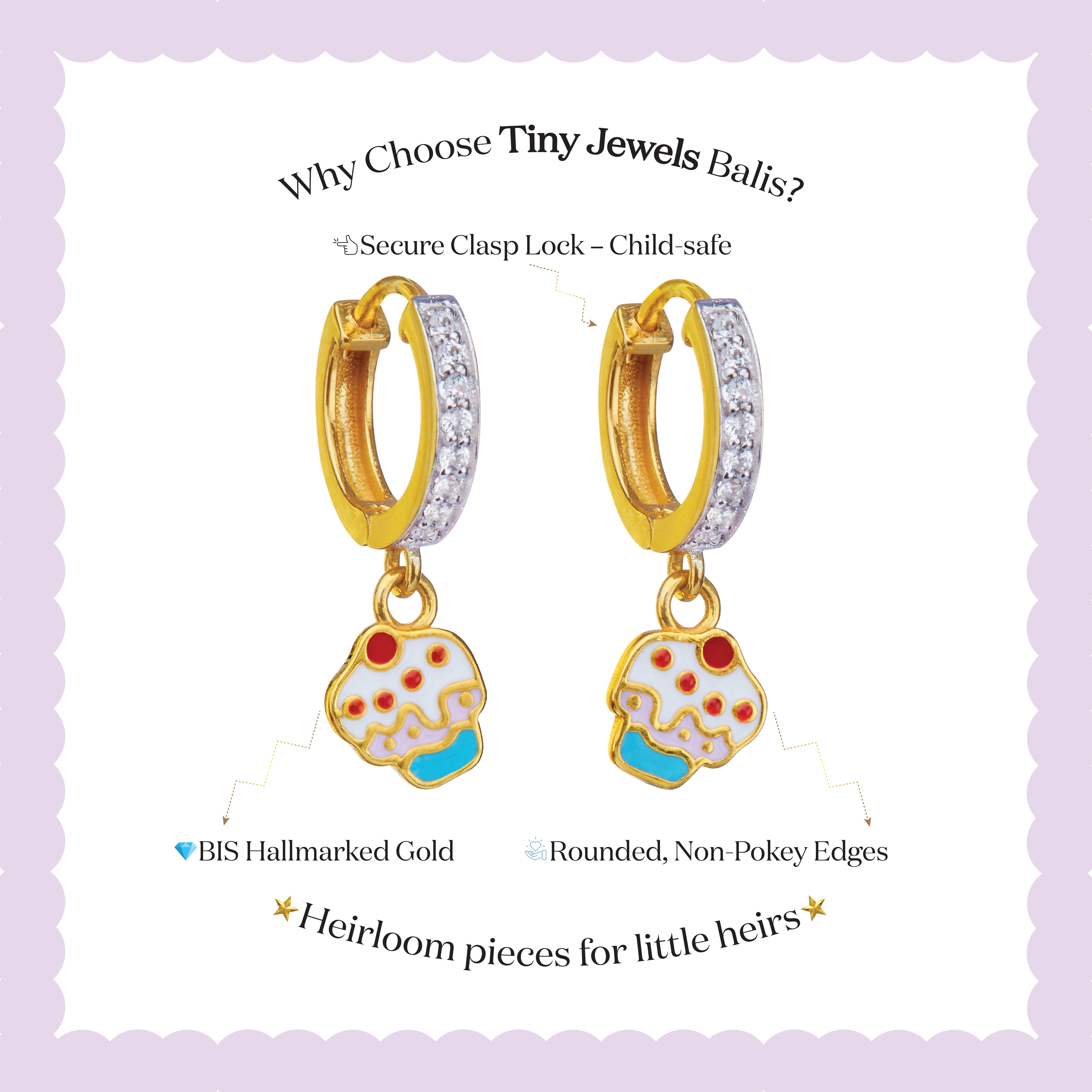 Tiny Jewels gold hoop earrings with cupcake charms on a purple background