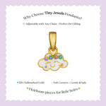 Tiny Jewels gold cloud-shaped pendant with smiley face on a white background with text about Tiny Jewels Pendants.
