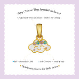 Tiny Jewels gold cloud-shaped pendant with smiley face on a white background with text about Tiny Jewels Pendants.