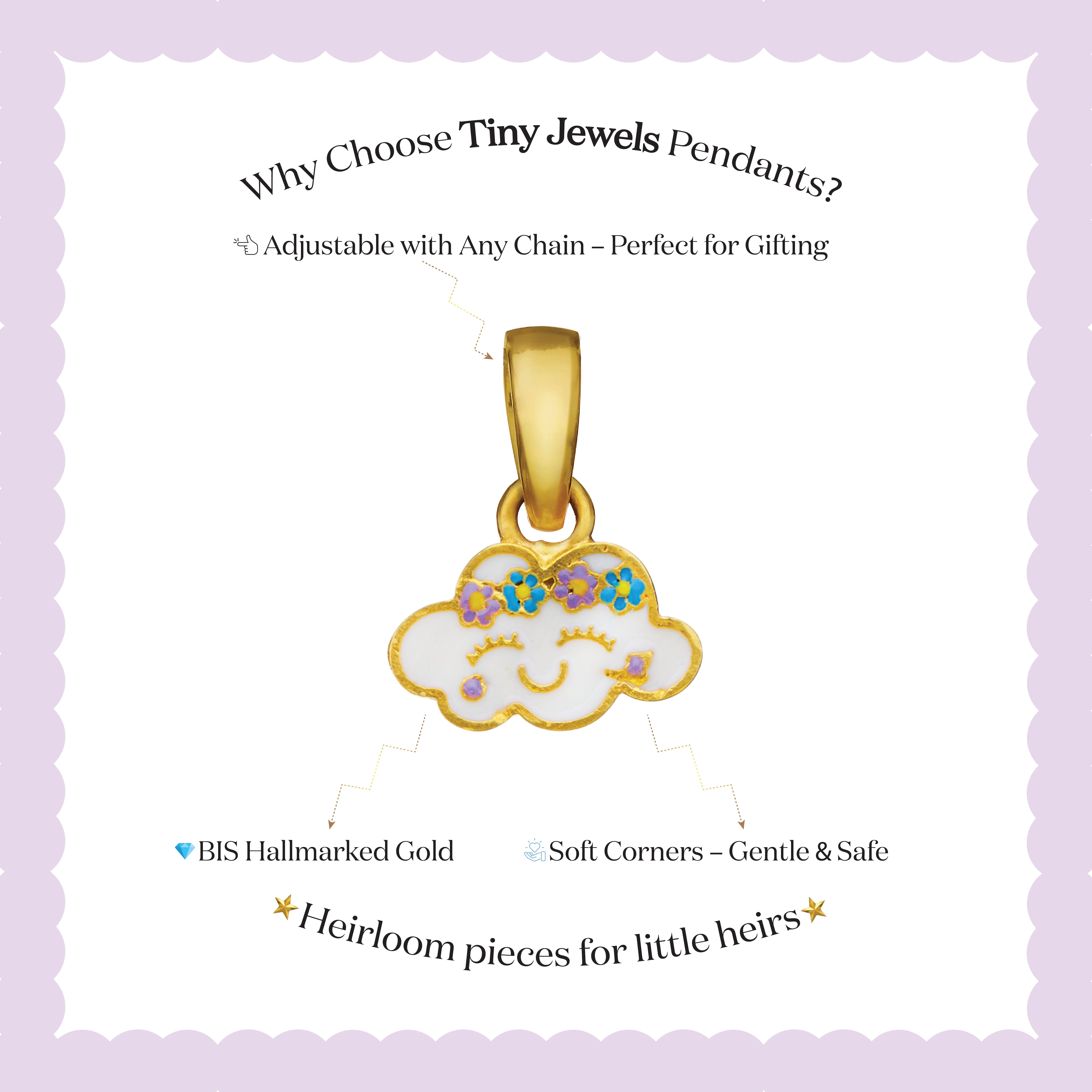 Tiny Jewels gold cloud-shaped pendant with smiley face on a white background with text about Tiny Jewels Pendants.