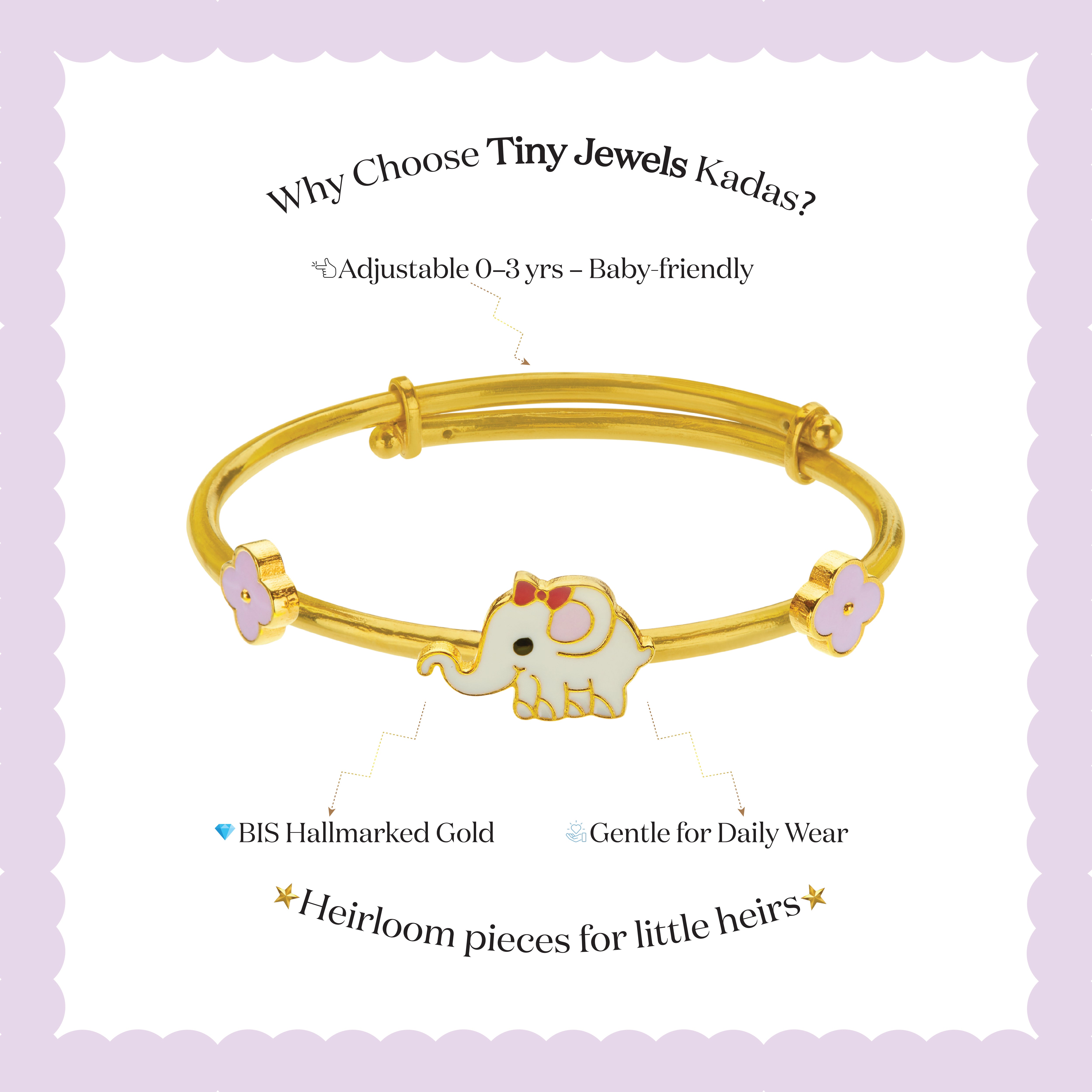 Tiny Jewels gold bracelet with a cartoon character on a wrist against a colorful background