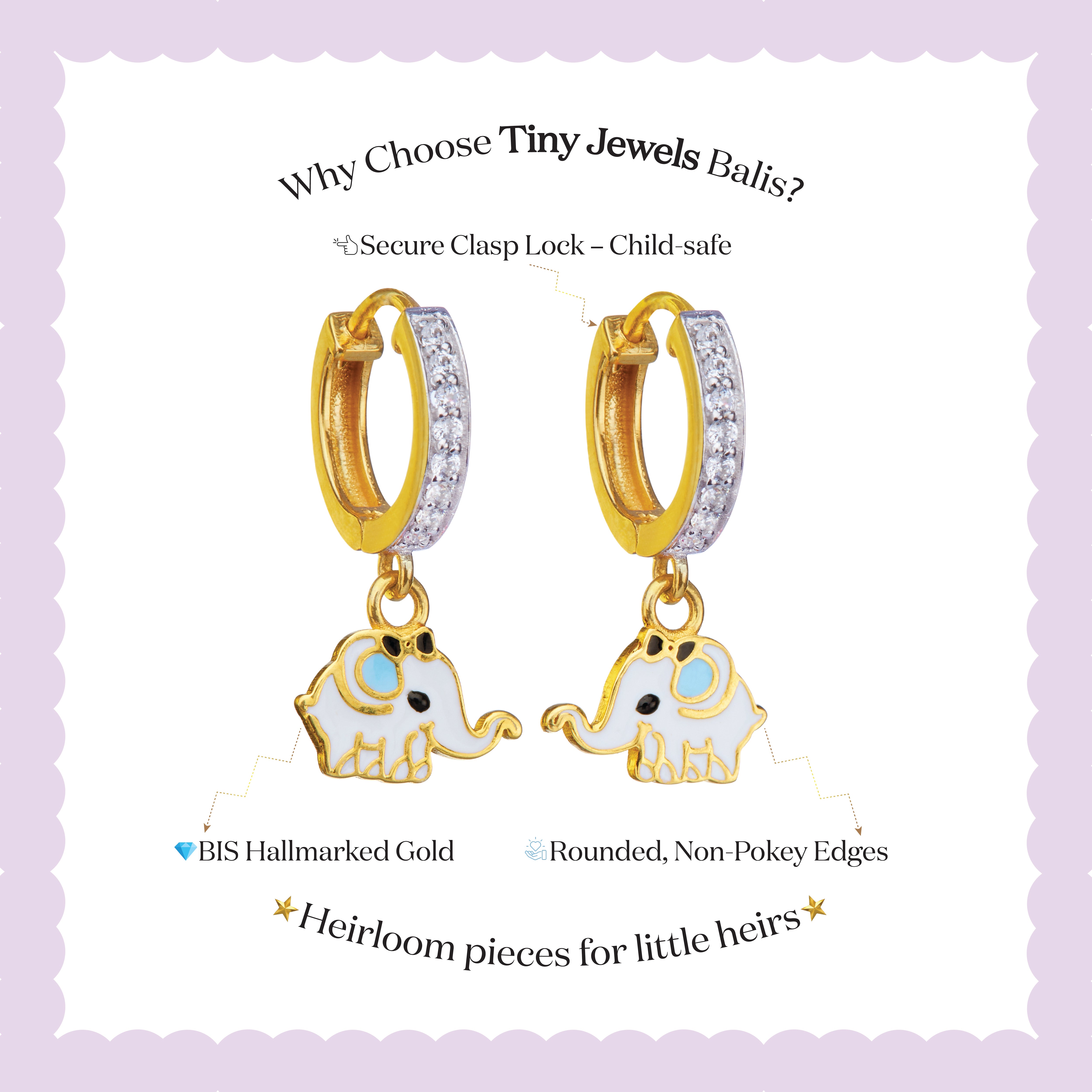 Tiny Jewels gold elephant-shaped earrings with a secure clasp lock on a light purple background.