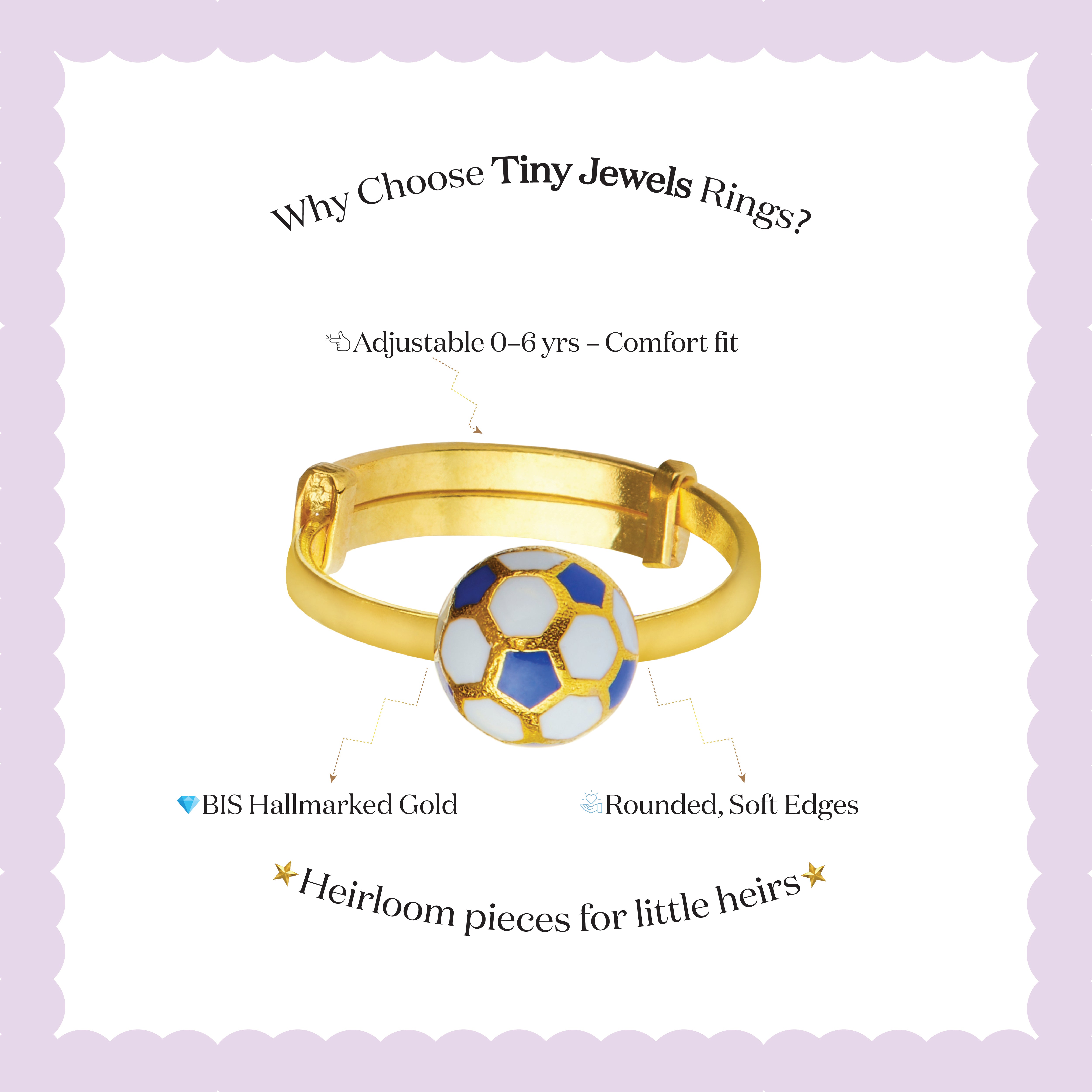 Tiny Jewels gold children's ring with a soccer ball design on a light purple background