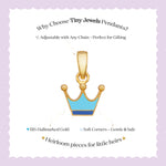 Tiny Jewels gold crown pendant with blue center on a white card with text about Tiny Jewels Pendants.