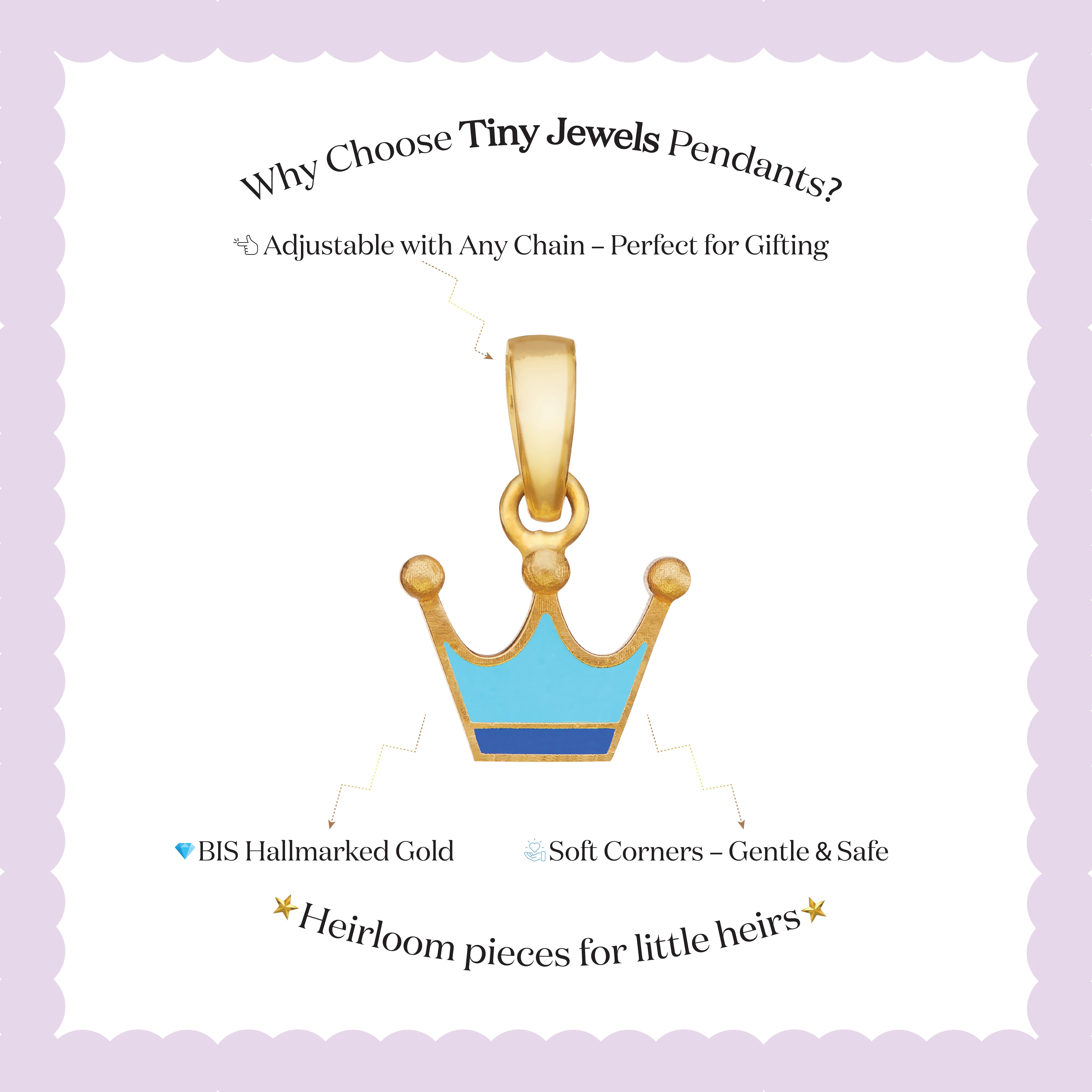 Tiny Jewels gold crown pendant with blue center on a white card with text about Tiny Jewels Pendants.