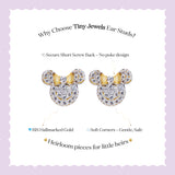 Tiny Jewels gold and crystal mouse ear-shaped earrings on a white card with text about Tiny Jewels.
