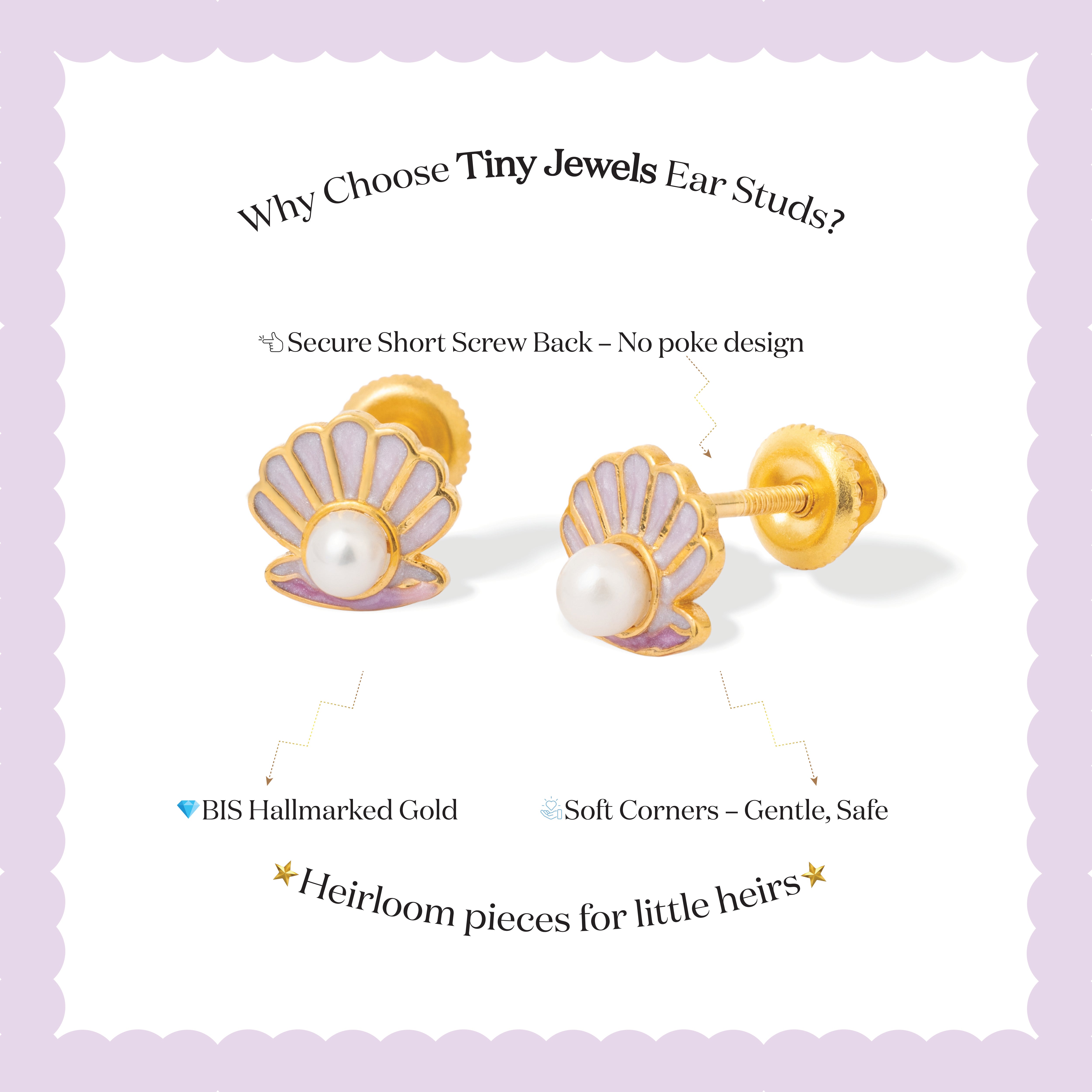 Tiny Jewels gold and purple shell-shaped earrings with pearl center on a light purple background, featuring text about the product.