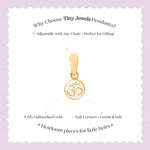 Tiny Jewels gold pendant with Om symbol on a white card with purple border