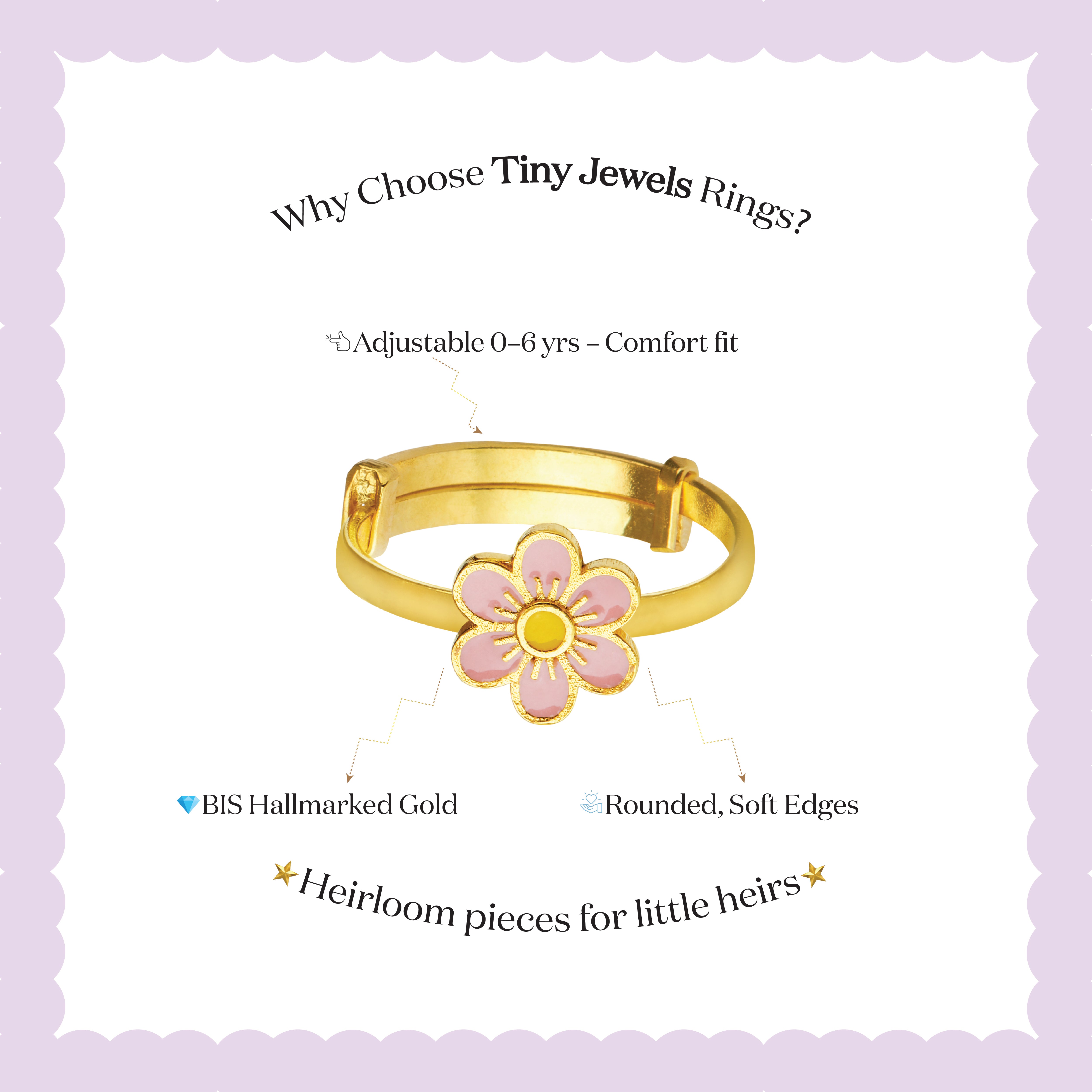 Tiny Jewels gold ring with a pink flower design on a light purple background
