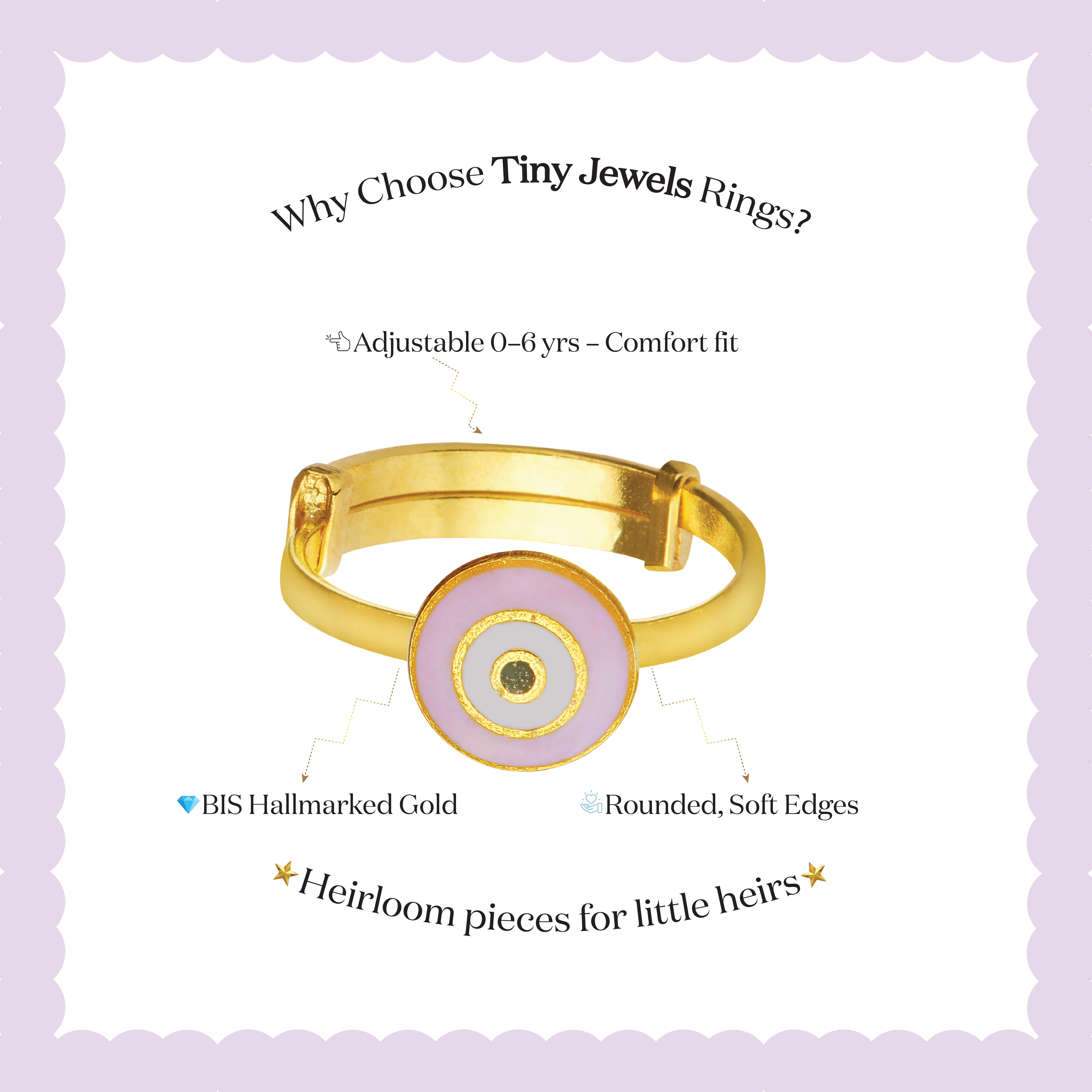 Tiny Jewels gold ring with a pink and white design on a light purple background