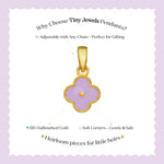 Tiny Jewels Gold and purple pendant on a white background with text about Tiny Jewels Pendants.